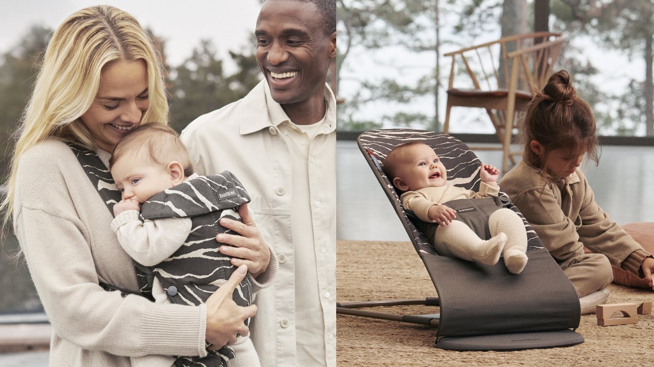 Two images side by side: on the left is a mom holding her baby in a carrier, while the dad looks and smiles; the image on the right is a laughing baby sitting in a bouncer.