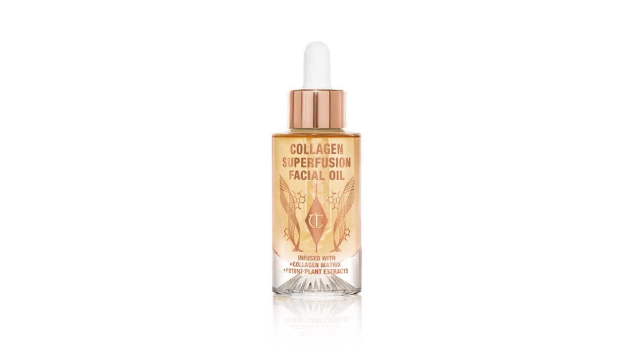 An image of a white and rose gold bottle containing collagen face oil.