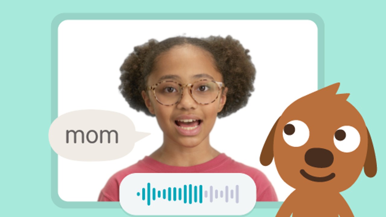 An image of a young girl with a speech bubble saying "mom," and a cartoon dog next to her.