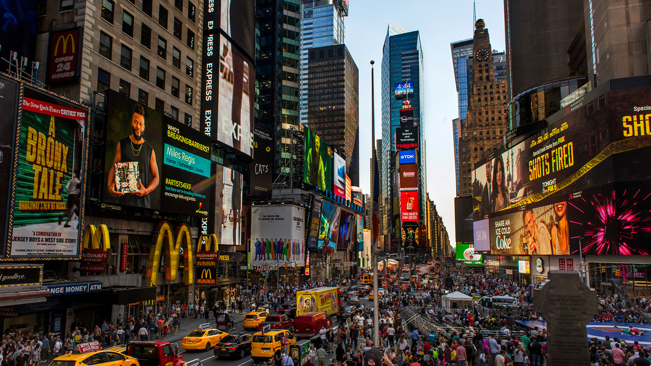 A wide angle shot of Times Square in the afternoon.