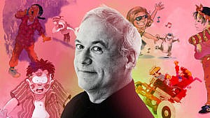 Robert Munsch's portrait with illustrations of some of his iconic characters surrounding it