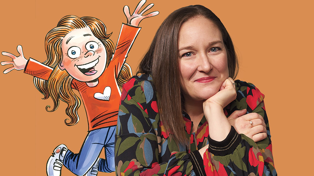 A portrait of a person placed next to an illustration of the Robert Munsch character they inspired