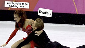 a meme of a male skater (who represents toddlers) holding onto a female skater tightly who represents (parents trying to get anything done)