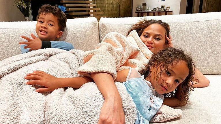Chrissy Teigen with son Miles and daughter Luna