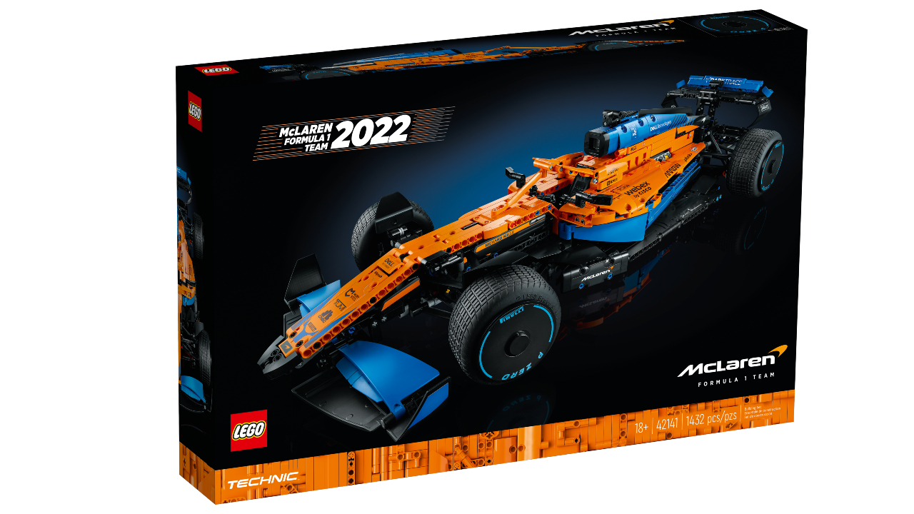 Blue and orange Lego F1 McLaren race car