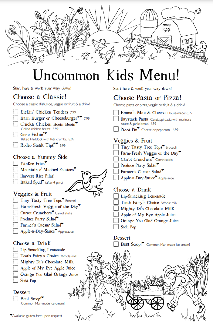 The Uncommon Kids Menu at The Common Man in New Hampshire