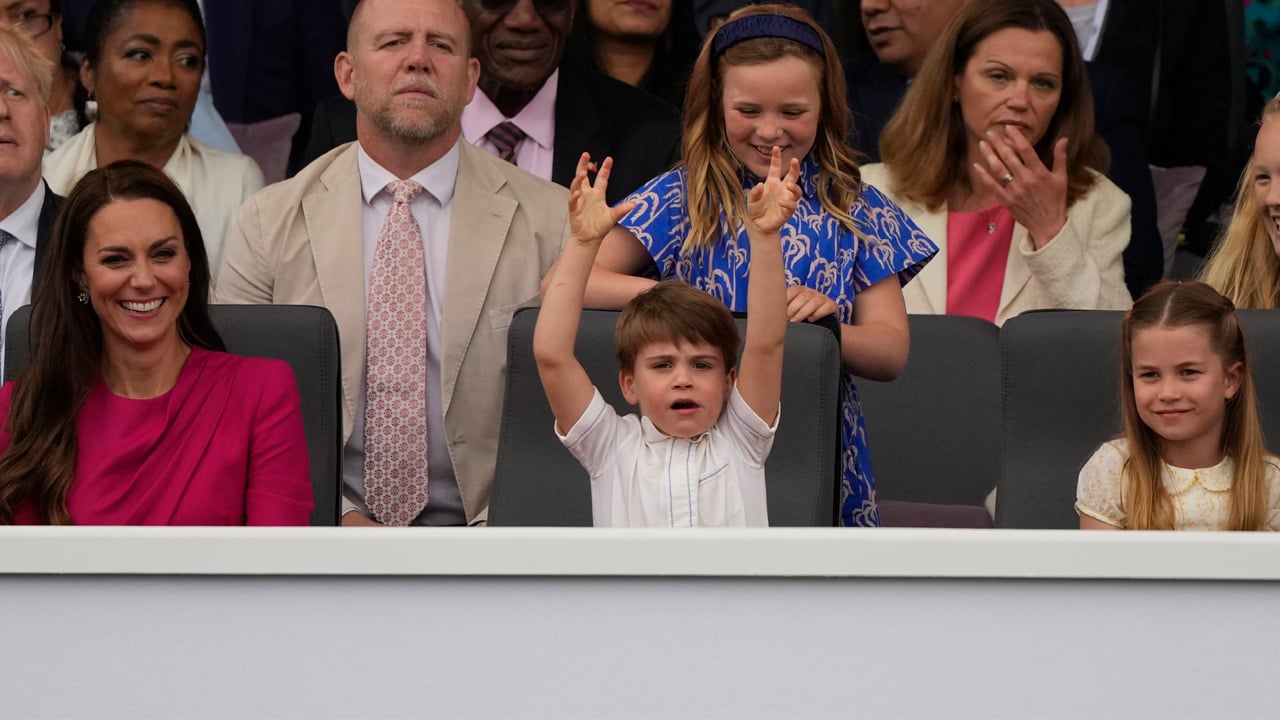 Prince Louis throws his hands up in the audience at the Platinum Jubilee pageant
