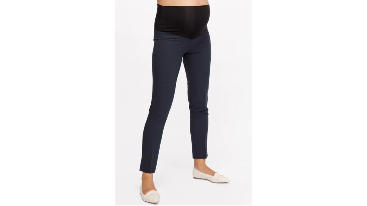 Navy slim fit maternity trousers with a black stretchy belly panel