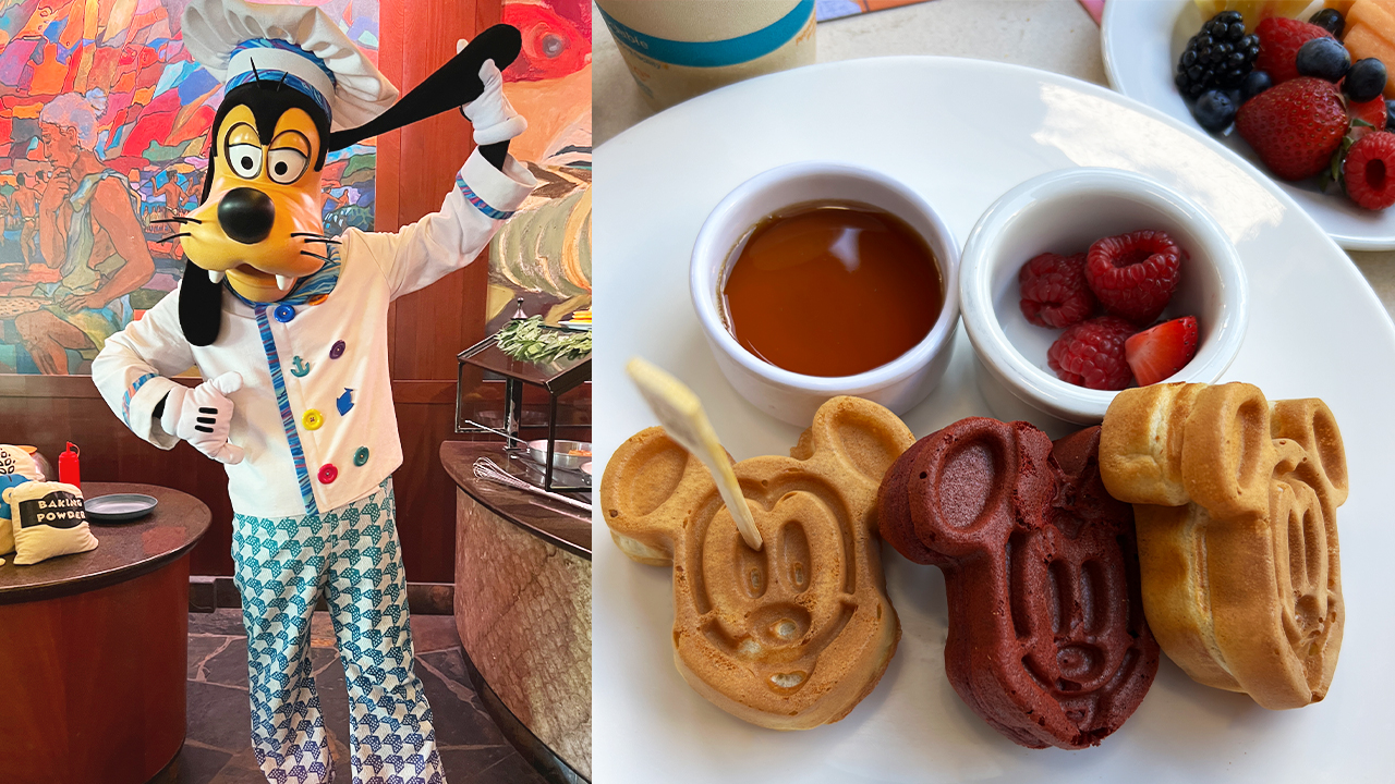 Left: Goofy gives a thumbs up at a restaurant while dressed up as a chef. Right: A plate of waffles shaped like Mickey Mouse.