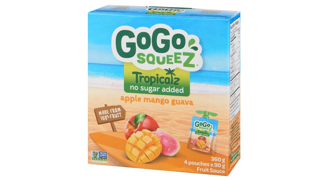 A box of GoGo Squeez Tropivalz packets in apple mango guava flavour