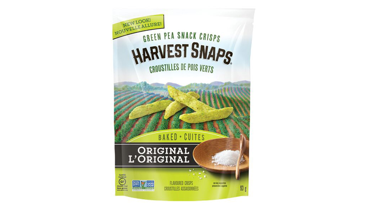 A bag of Harvest Snaps snapea crisps in original flavour