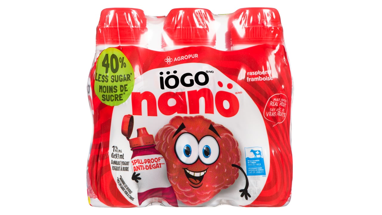 A package of Iogo Nano yogurt drinks in raspberry flavour