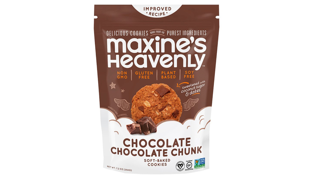 A bag of Maxine's Heavenly soft baked cookies in chocolate chocolate chunk