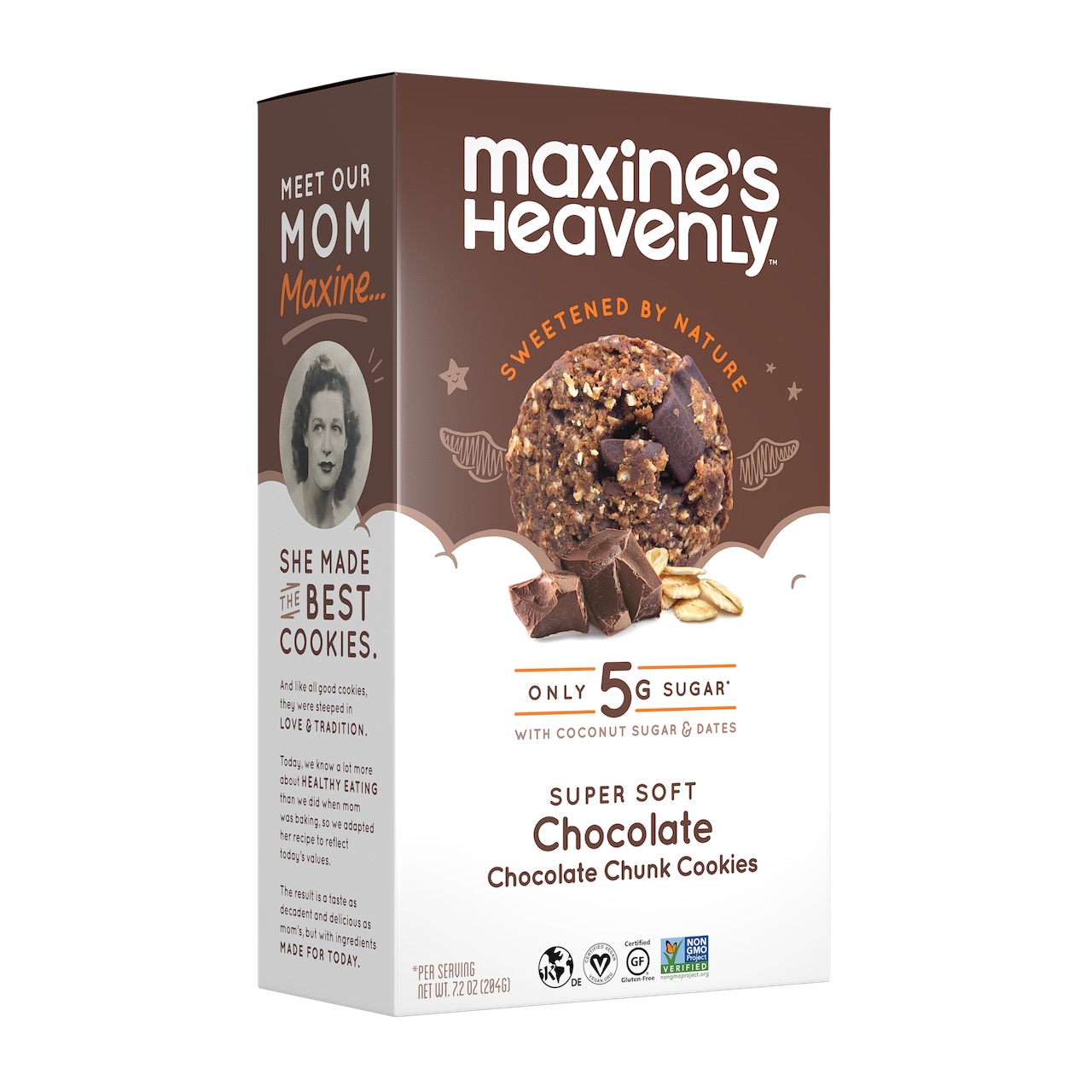 A box of Maxine's Heavenly Chocolate Chocolate Chunk Cookies