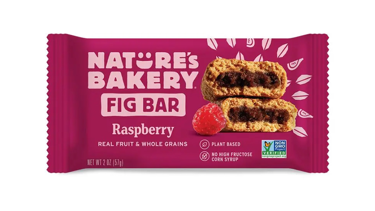 A Nature's Bakery raspberry whole wheat fig bar in the individual magenta wrapper 