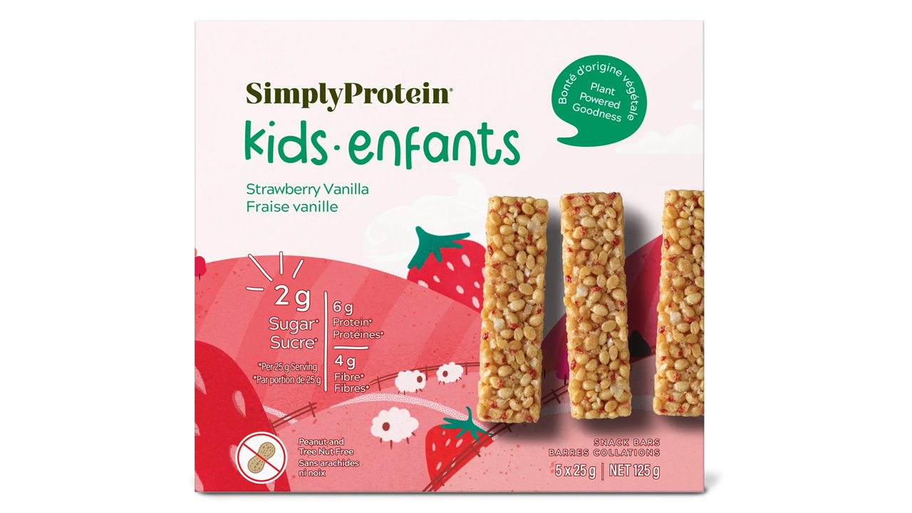 A box of SimplyProtein kids bars in strawberry vanilla flavour