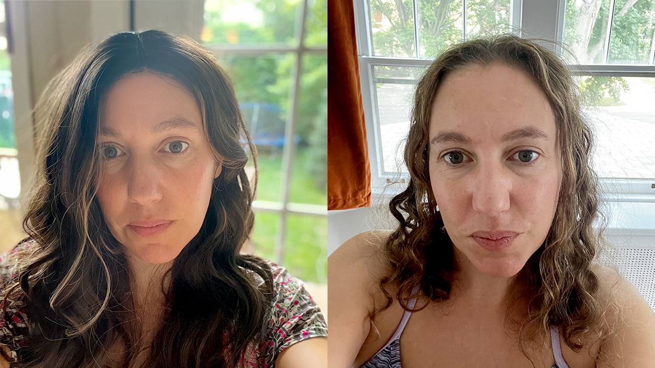Left, the author wearing her wig. Right, the author with her natural hair. 