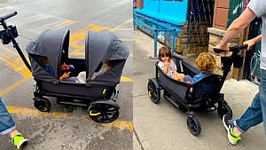Two photos showing a family using a Veer wagon while walking around the city.