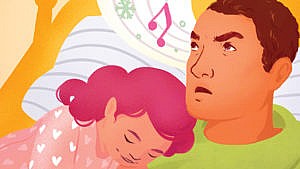 An illustration of a dad singing to their sleeping kid with a disgruntled look on his face.