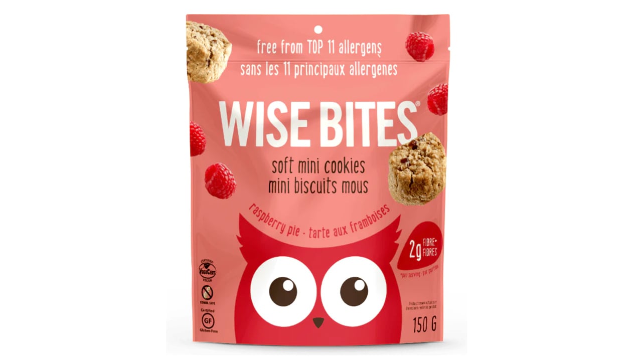 A bag of Wise Bites soft mini cookies in raspberry pie flavour