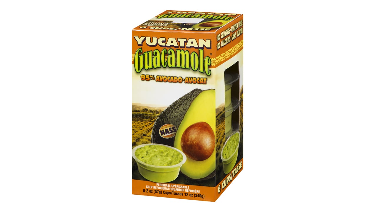 A box of individual cups of Yucatan guacamole