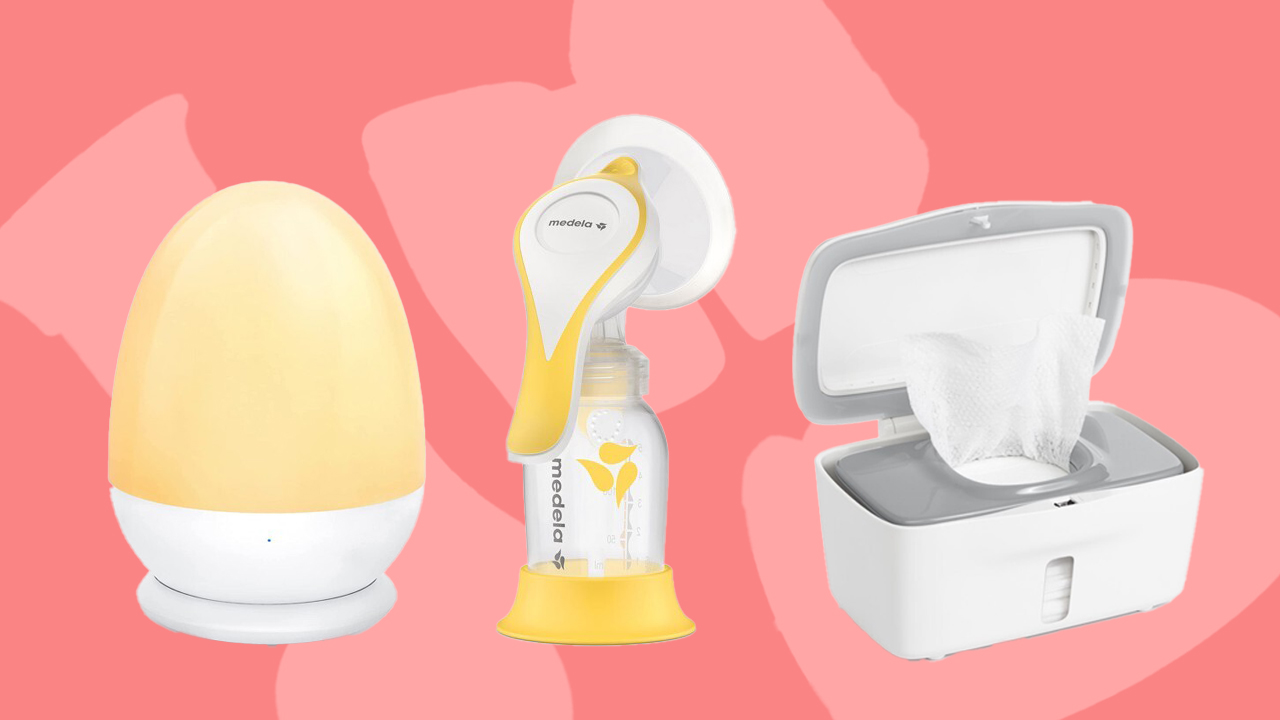 A night light, a breast pump and a weighted baby wipes dispenser on a pink background