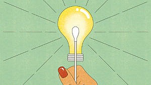A closeup illustration of someone holding a lightbulb on a stick over a green background.