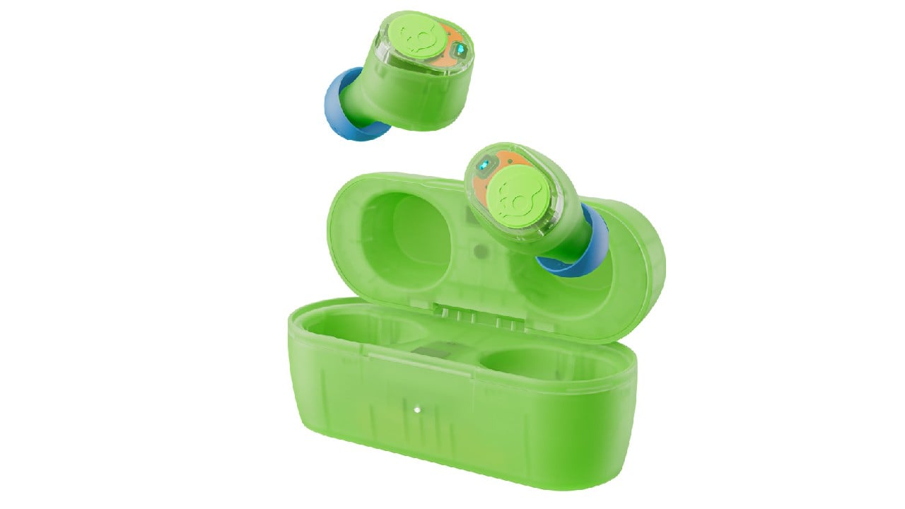 transparent green ear buds in charging case