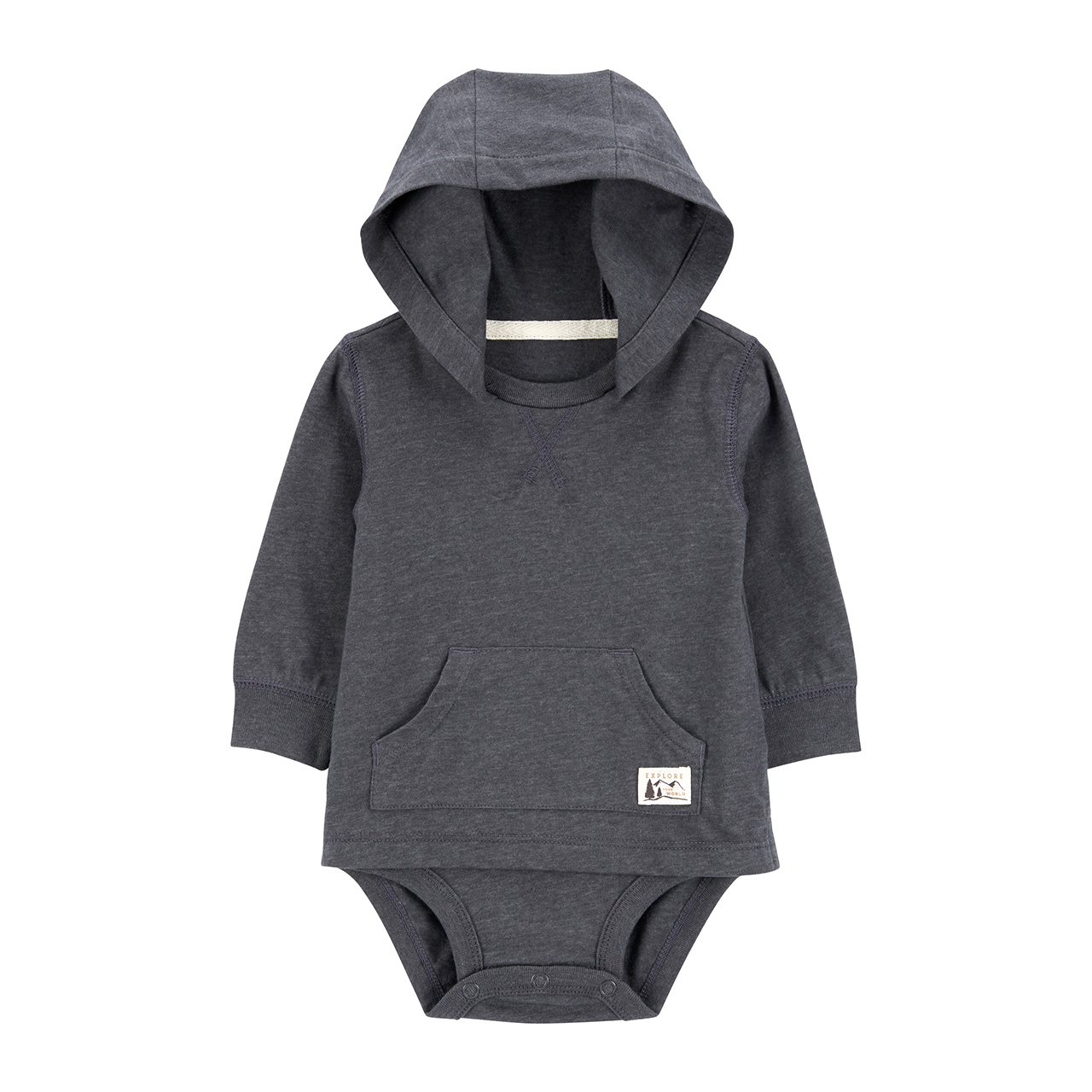 A dark grey bodysuit for babies.