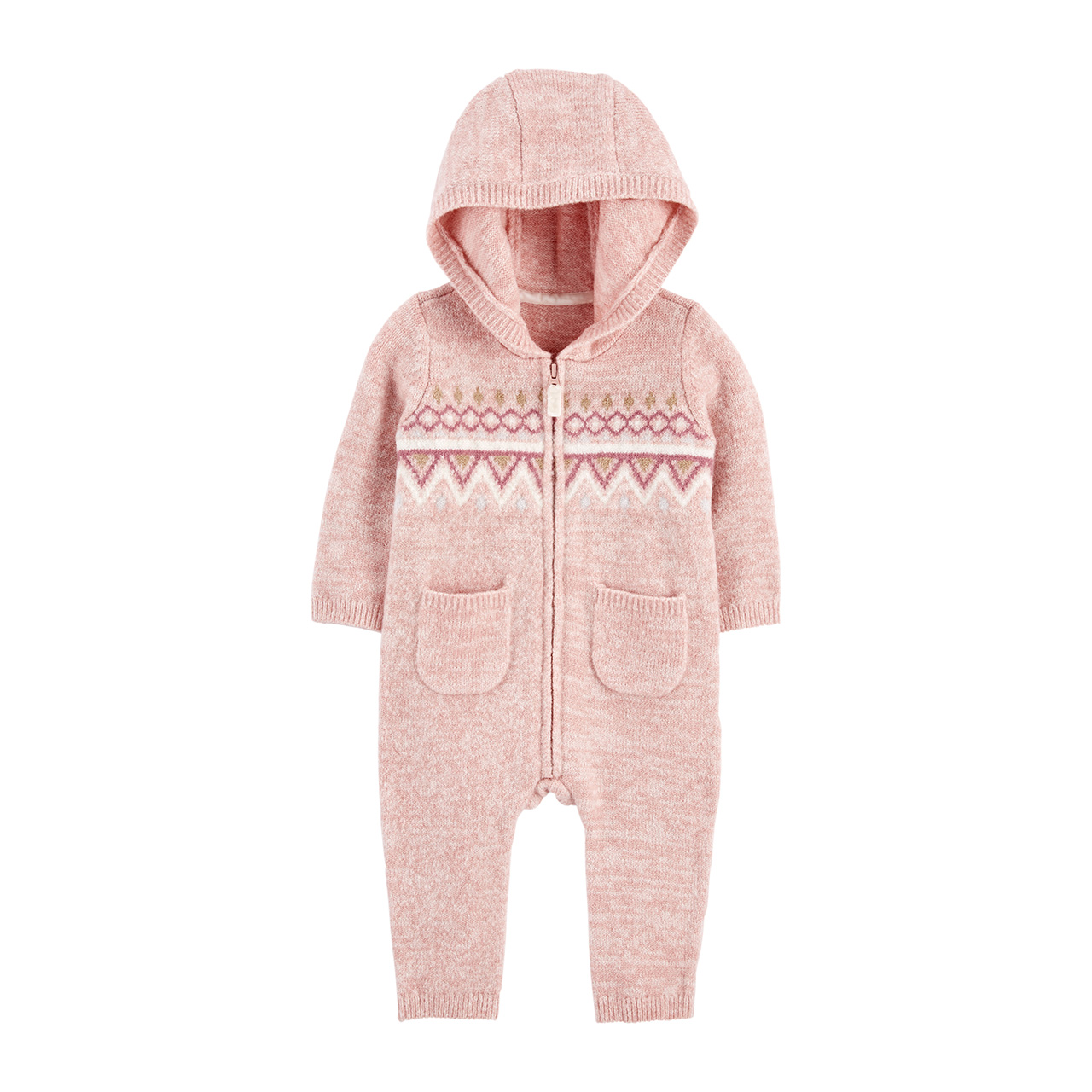 A soft pink full-body jumpsuit for babies.