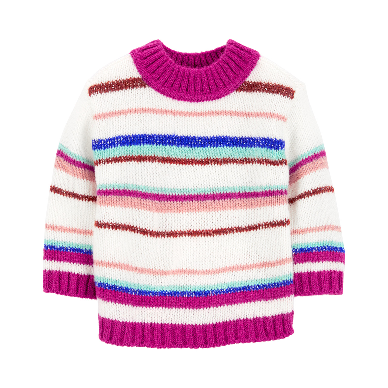A sweater with pink, purple, blue and white stripes for babies.