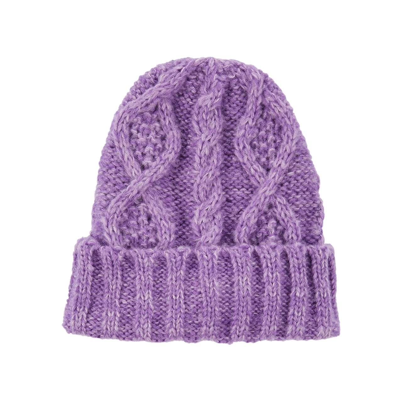 A purple knitted beannie for babies.
