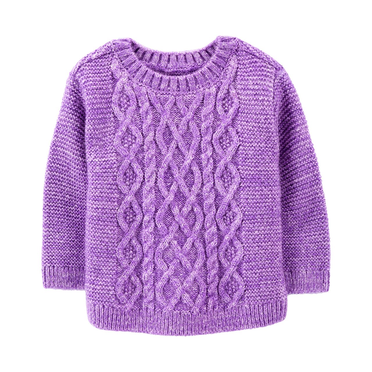 Un suéter de bebé de color violeta claro.