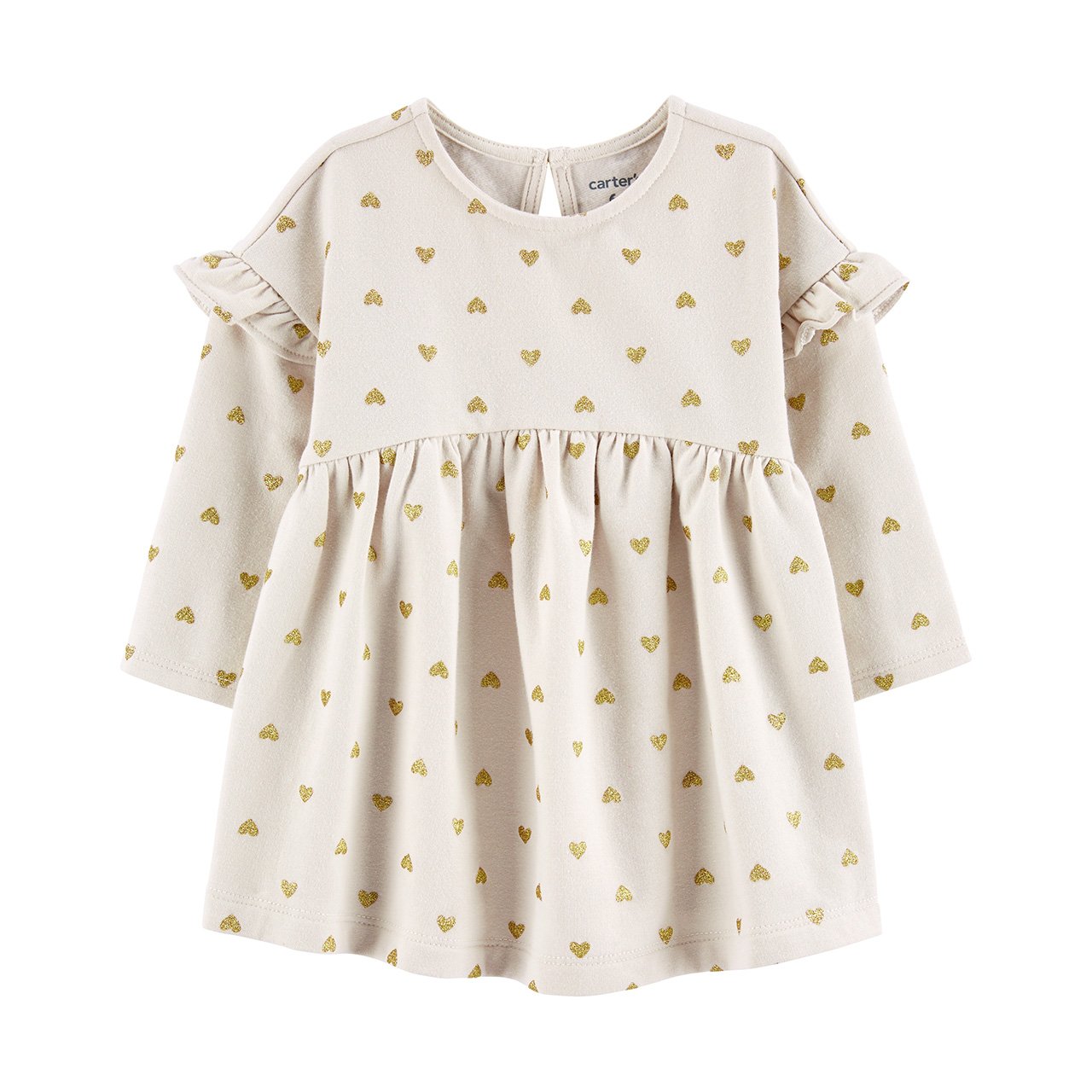 A white dress with dotted heart patterns for babies.