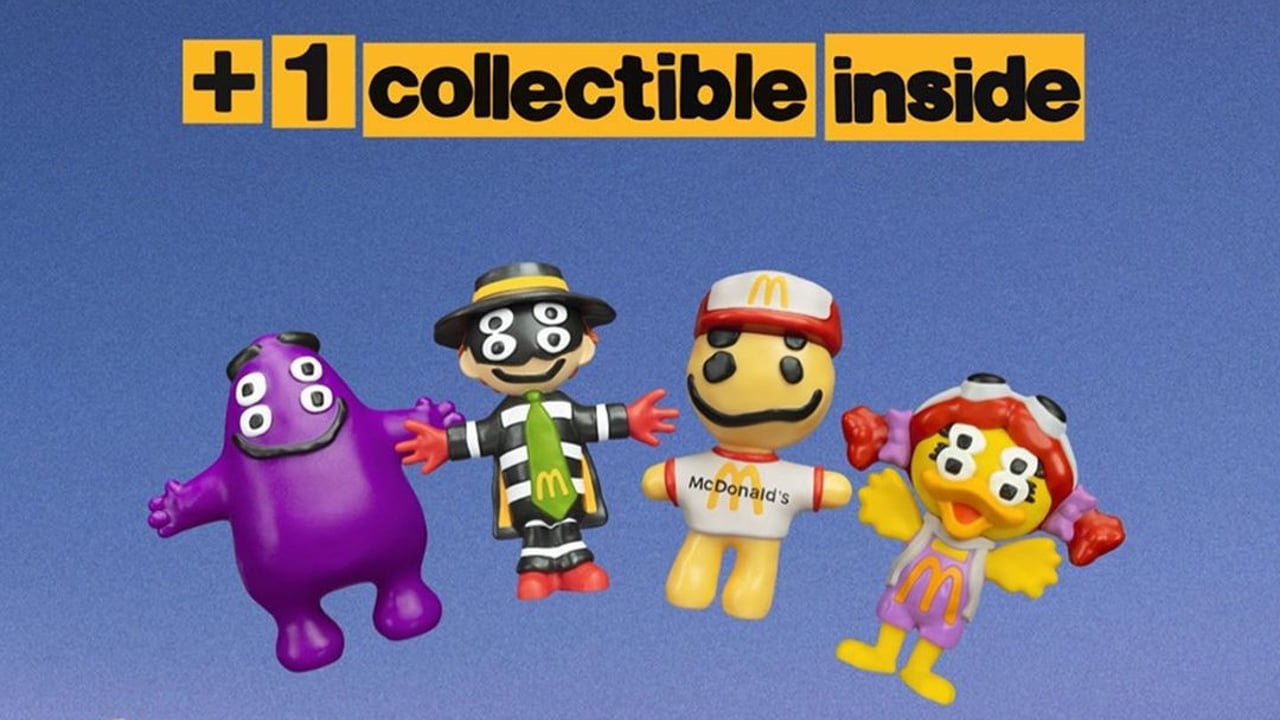 A collection of the toys offered from the McDonald's and Cactus Plant Flea Market meal, featuring Grimace, Hamburglar, Cactus Buddy! and Birdie. 