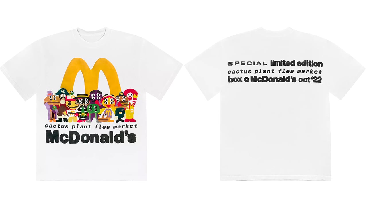 A white t-shirt featuring several McDonald's characters.