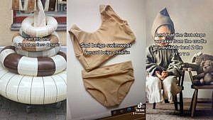 Three screen shots of beige toys and children's clothing with bleak overlaid text saying "I call this one a ring of endless despair," "sad beige swimwear for sad beige childrun," and "And that the first steps we take from the cradle inevitably lead 2 the grave."