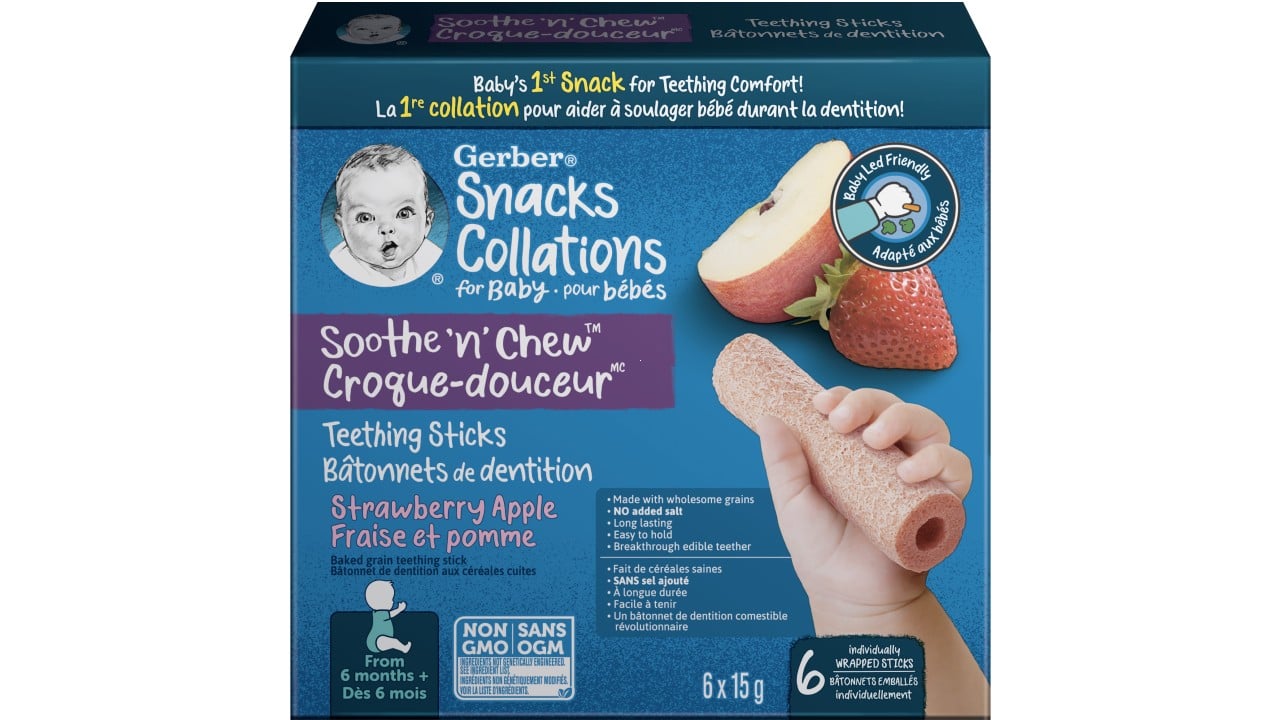 blue package, labelled Gerber Snacks, Soothe 'n Chew, which image of baby's hand holding a long round soothe n' chew stick