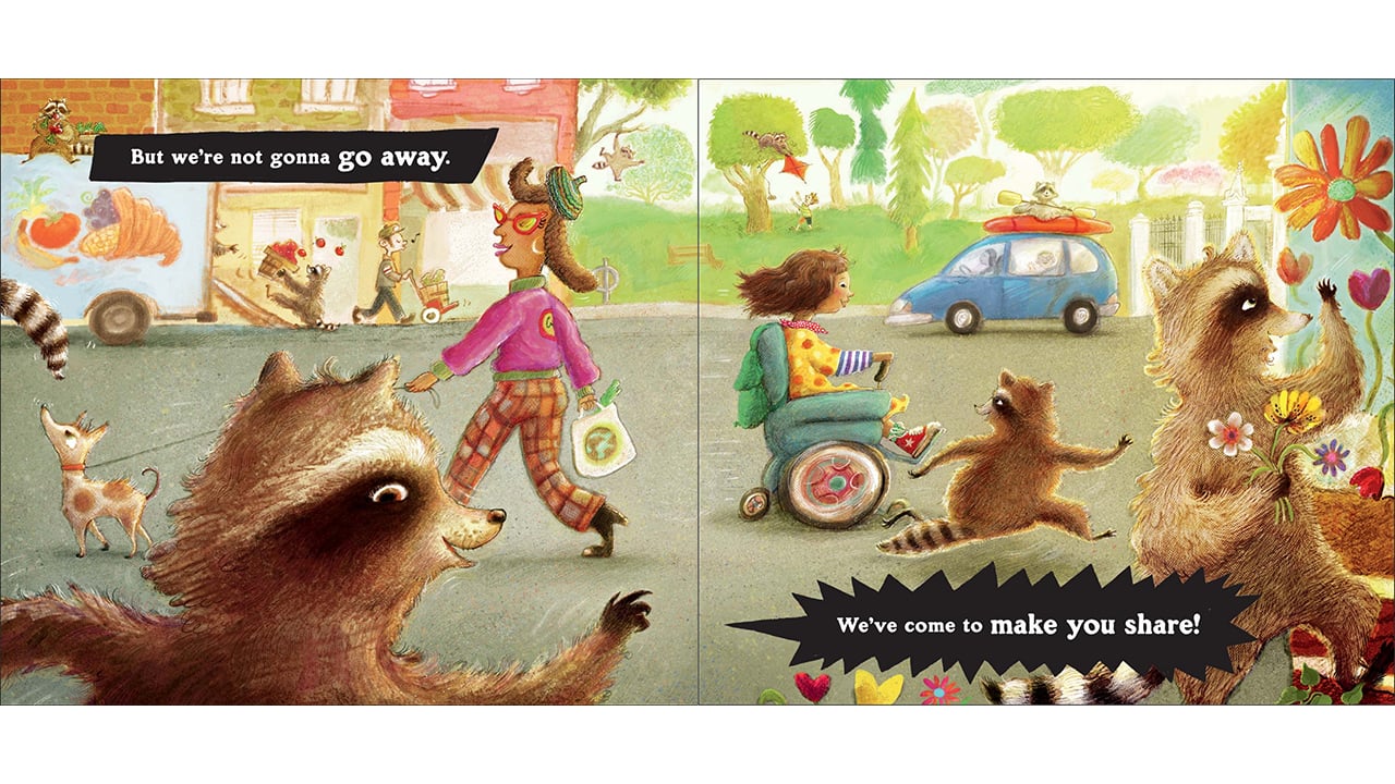 Two pages from the Revenge of the Raccoons showing the raccoons helping the neighbourhood