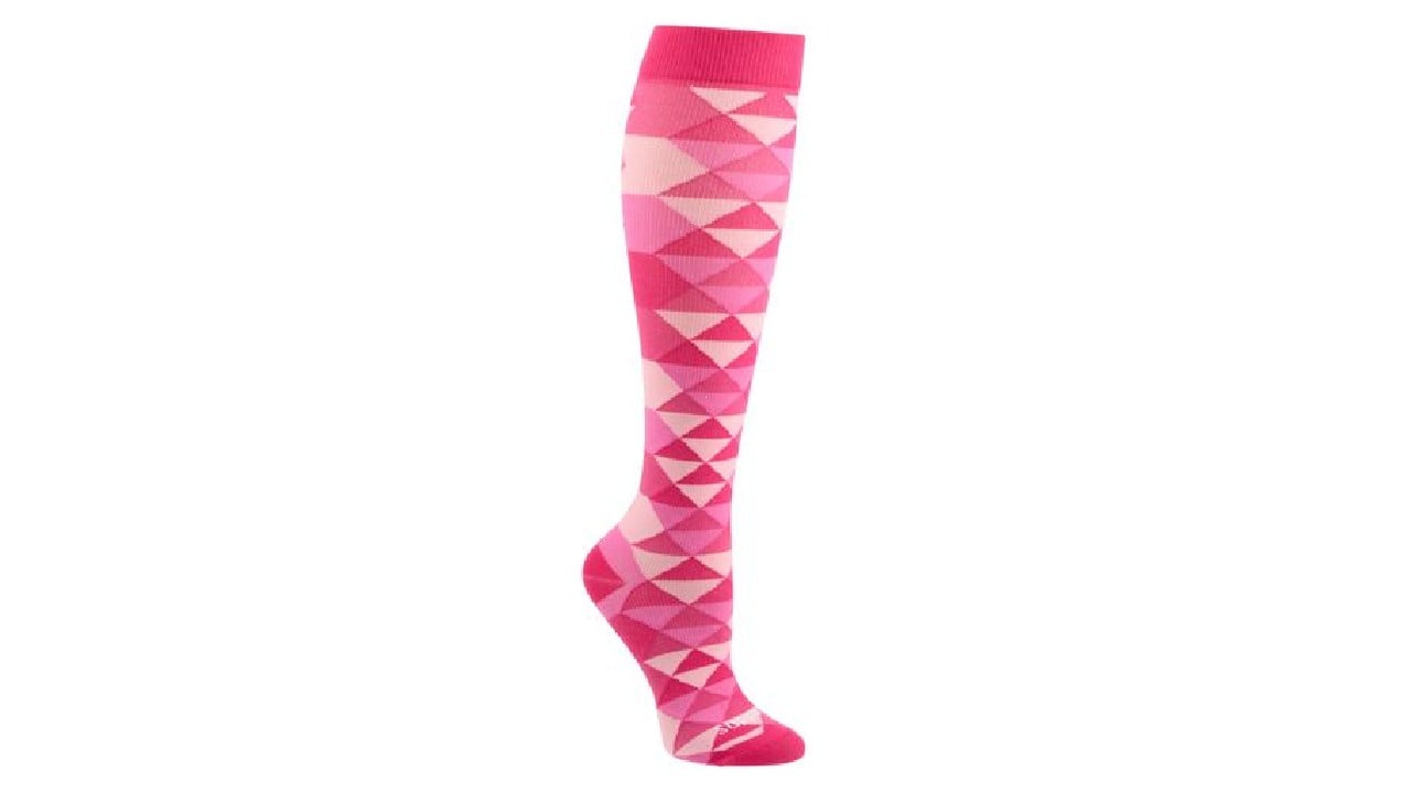 a single sock, with shades of pink triangles