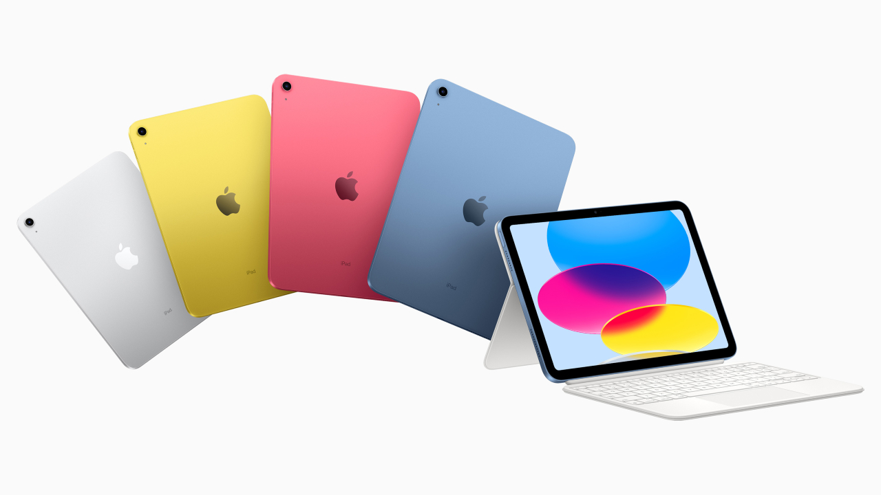 image features the new Apple iPad in four bold colours: yellow, white, pink and blue