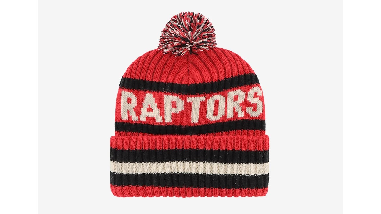red, black and white hat with raptors knit