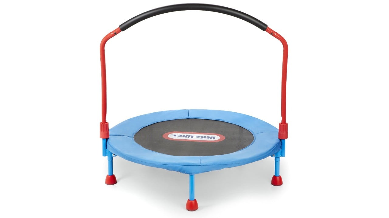kid-sized trampoline with hand bar