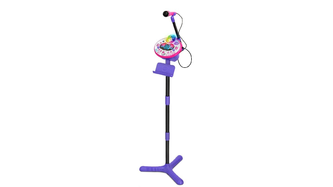 purple mic stand with karaoke machine