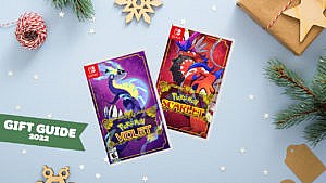 Box art for pokemon scarlet and violet on a holiday background