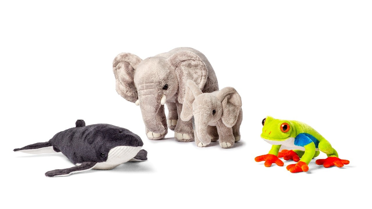 humpback whale, elephant and tree frog stuffies