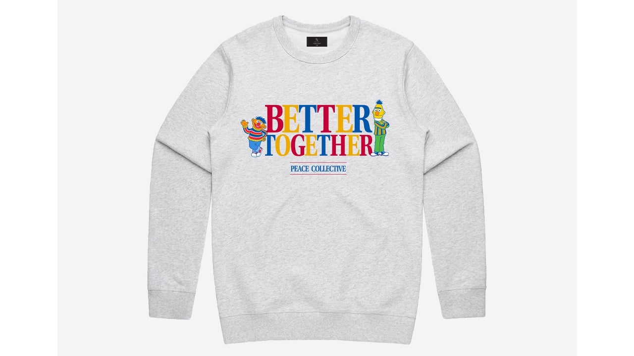 grey ash crewneck featuring Bert and Ernie that reads "Better Together"