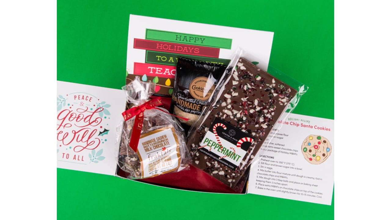teacher's gift box featuring chocolate, shortbread cookies and candy cane bark
