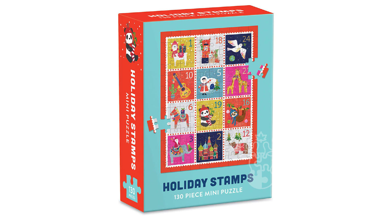 mini puzzle illustrating festive holiday stamps