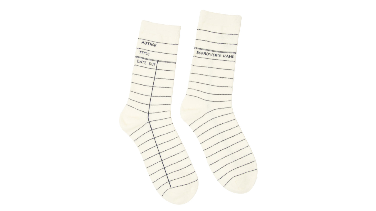 white socks with library card design